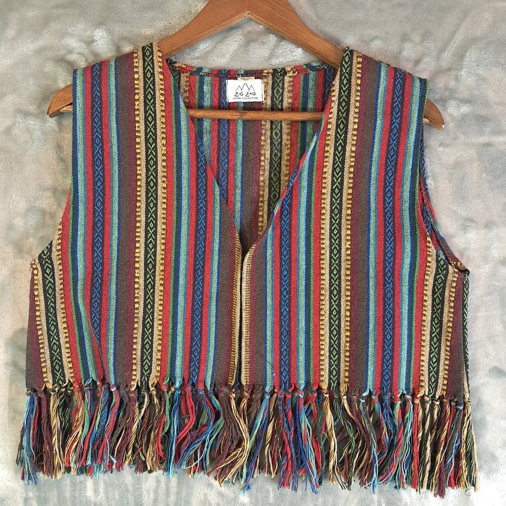Zig Zag Asian Collection Nepal Gheri Cotton Striped Fringe Vest Boho Hippie M L